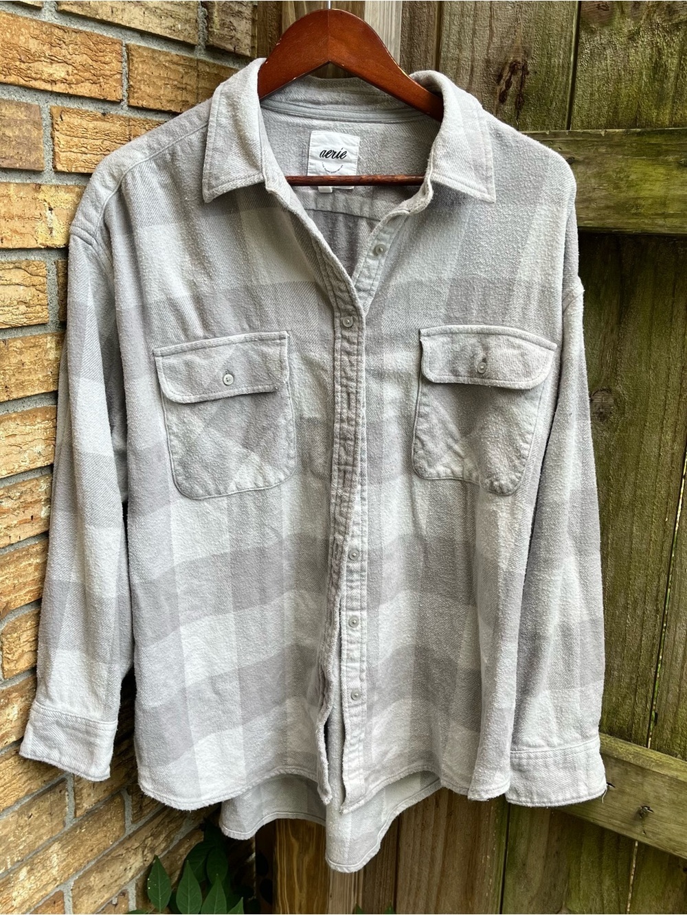 Aerie Oversized Light Gray Plaid Button-Down Shirt
